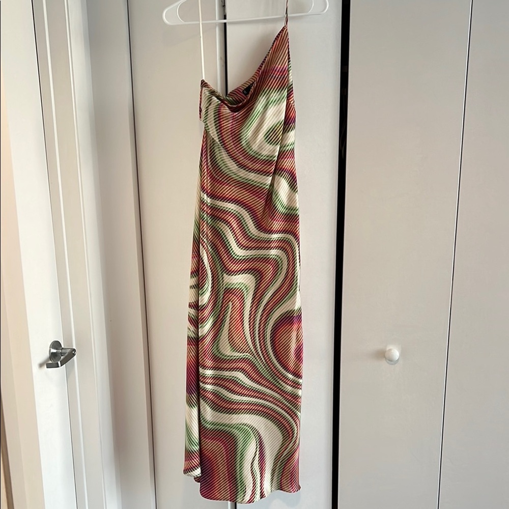 Mango One Shoulder Long Dress Green Purple Pink Orange hues